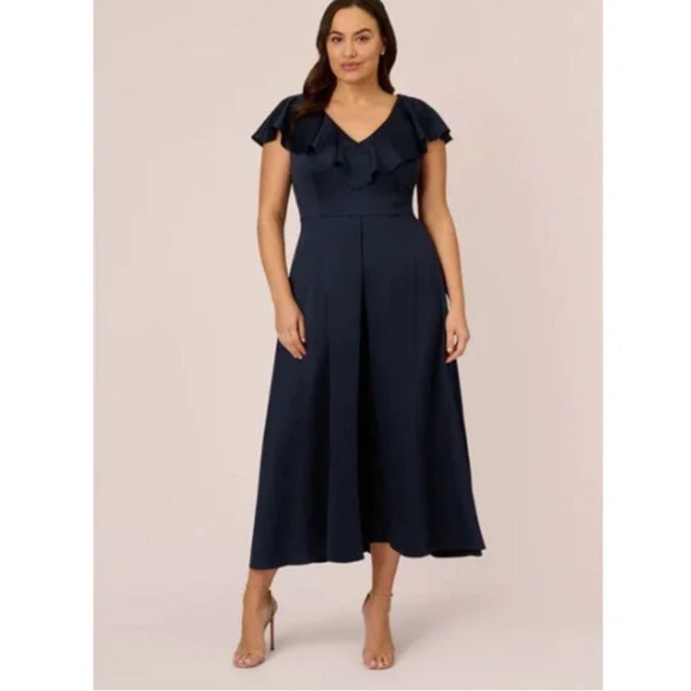 NEW Adrianna Papell Satin Crêpe Ruffled jumpsuit half dress navy Plus size 24 W